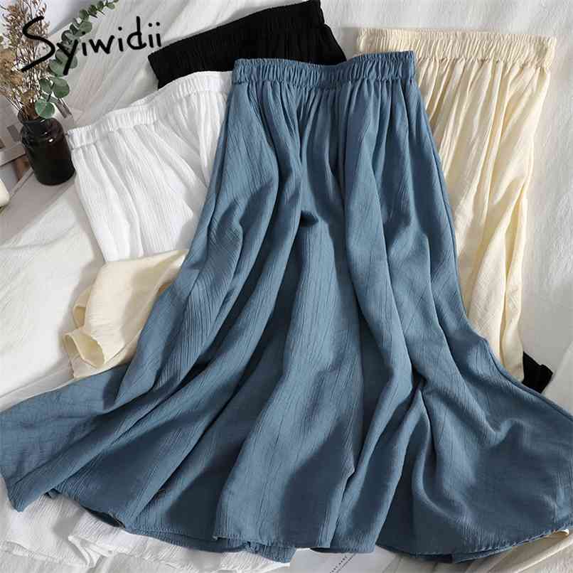 

Elastic High Waist Skirts Women Mid-Calf Casual A-Line Unicolor White Blue Black Clothes Summer Korean Fashion 210607, Apricot