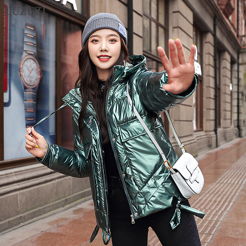 

2021 New Winter Korean Women Parkas Casual Hooded Short Down Cotton Warm Jacket Waterproof Shiny Plus Size Coat Female X9z4, Black