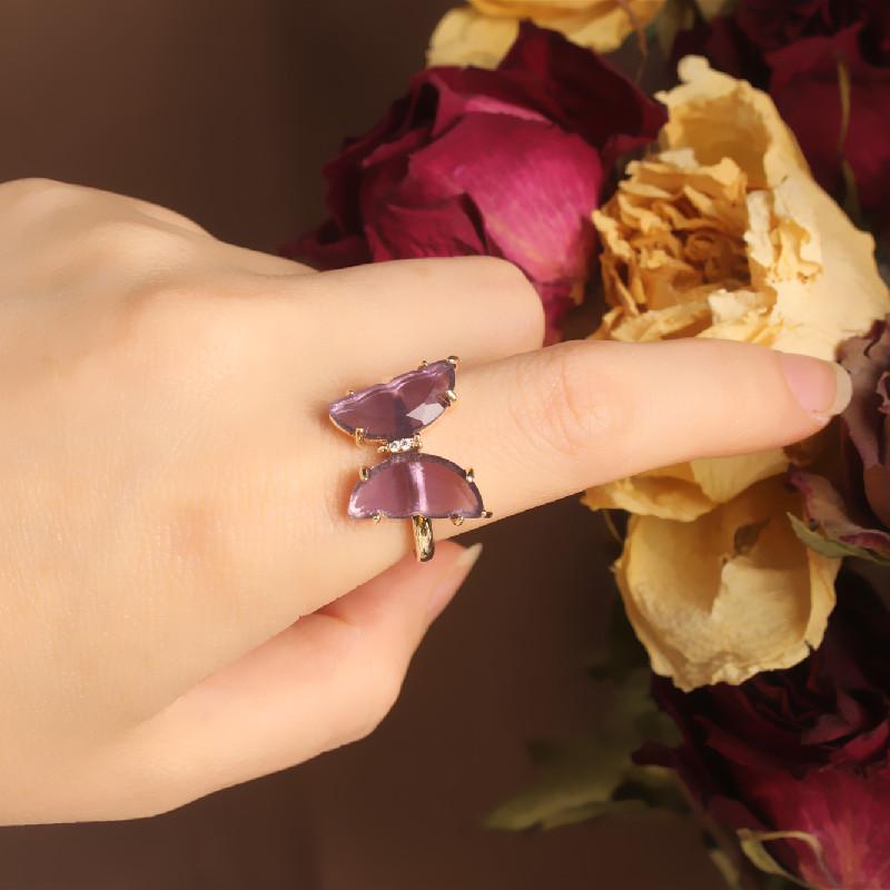 

Cluster Rings 2021 Korean Design Fashion Jewelry Exquisite Butterfly Purple Glass Female Opening Adjustable Index Finger Ring