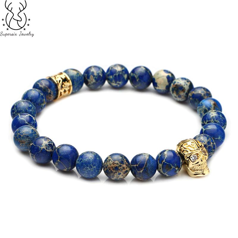 

Charm Bracelets Supersix Six Words Mantra Blue Emperor Beads Micro-Inlaid Skull Bracelet Natural Stone Beaded Jewelry Gift For Men