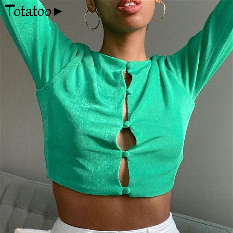 

Totatoop Double Layered Buttons Hollow Out Sexy T Shirts For Women 2021 Y2K Style Long Sleeve Summer Crop Tops Casual Tshirts, Orange