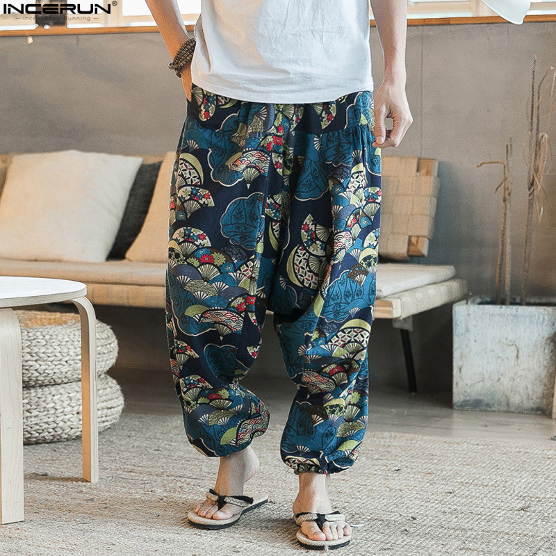 

Mens Cross-Pants Wide Leg Linen Harem Pants Men Elastic Waist Loose Print HipHop Pants Man Joggers Crotch Trousers, Navy