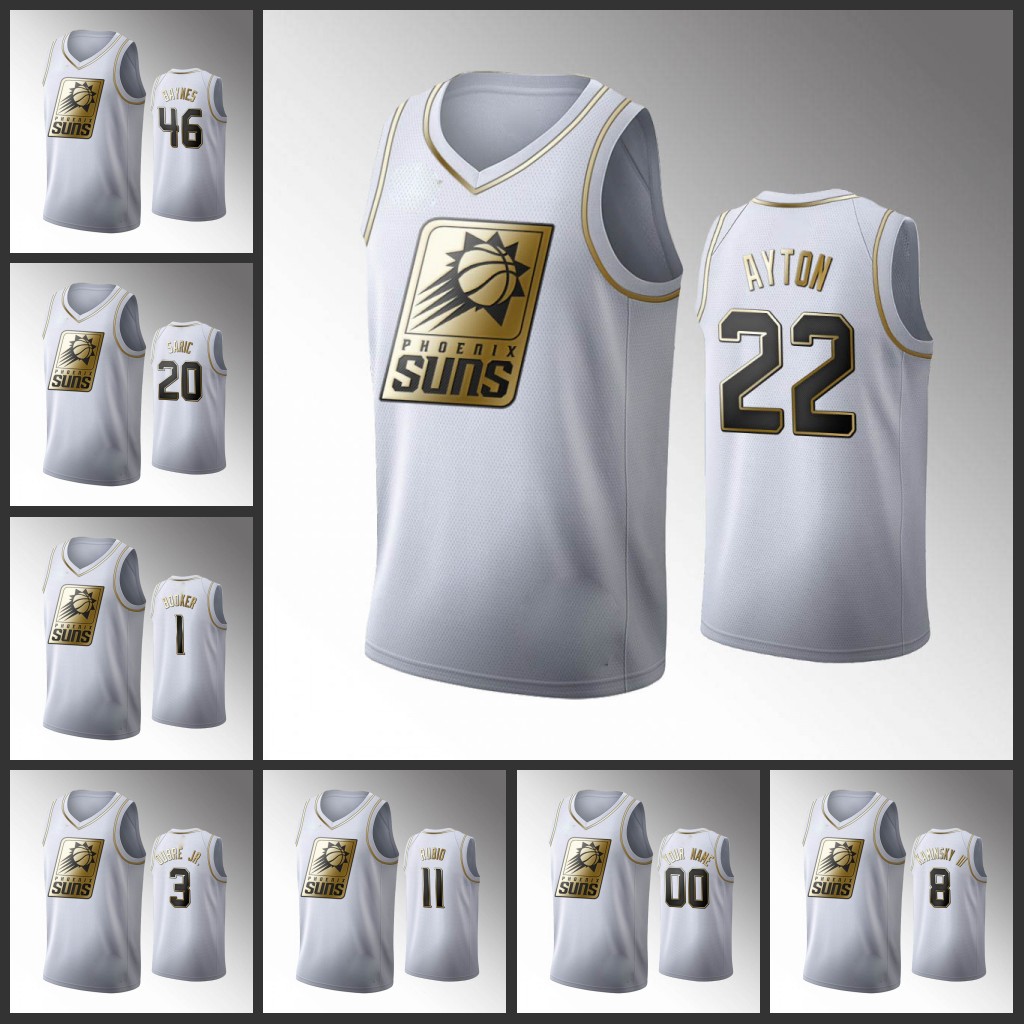 

Phoenix''Suns''Men Devin Booker Kelly Oubre Jr. Deandre Ayton Dario Saric Ricky Rubio White Golden Edition Custom Jersey