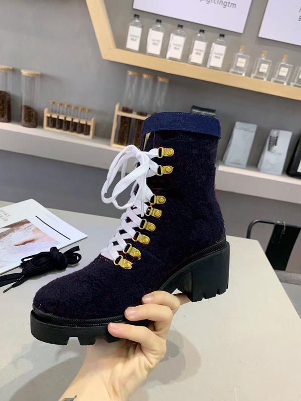 

Boot Womens Ankl Boots chunky heel 6cm Cloth material Leather Rubber Flowers Round head lace up non slip keep warm with box High quality shoes, Burgundy
