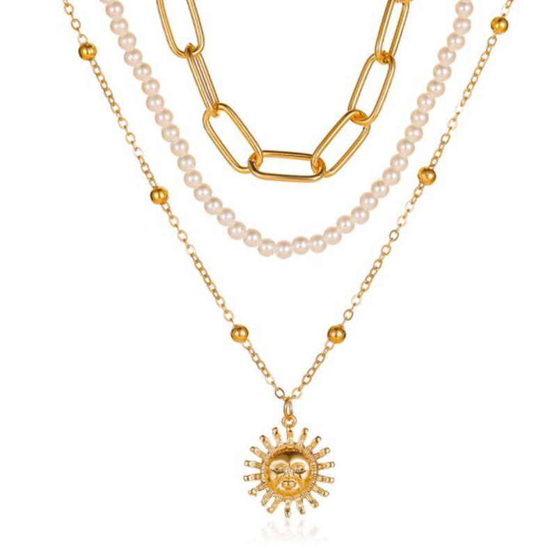 

Pendant Necklaces Punk Multi Layered Imitation Pearls Chain Necklace Carved Portrait Sun Coin For Women Vintage Collar Jewelry