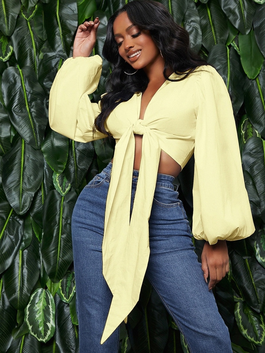 

SXY Solid Tie Front Bishop Sleeve Top 36m2#, Yellow