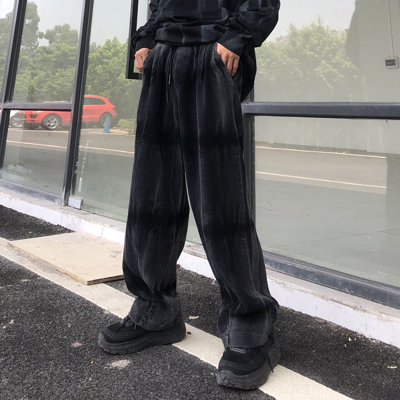 

2021 New High Street Corduroy Retro Tie-dye Gradiente Casuais Dos Homens Solto Em Linha Reta Calas De Perna Larga Hip Hop Drawstring Track 5, Black