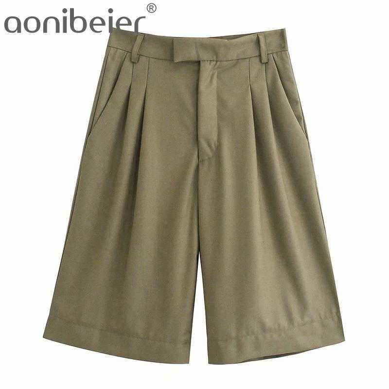 

Spring Summer Knee Length Pant Trousers Side Pockets High Waist Straight Office Lady Short Bottoms 210604, Shorts