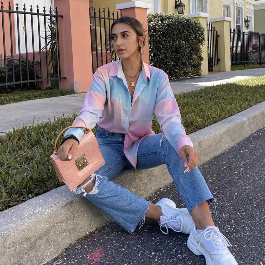 

2021 Office Lady Tie-dye Streetwear Blouse Long Sleeve Turn Down Collar Elegant Casual Shirt Autumn New Fashion Women Tops Cfs9, Multi