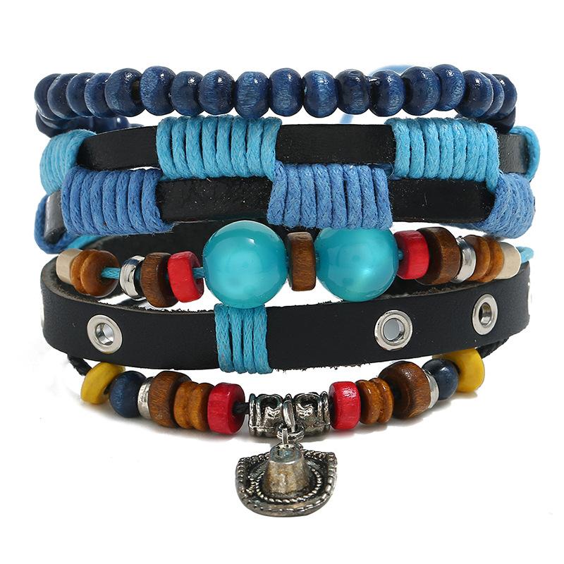 

Bangle Jessingshow 3 Pcs/Set Fashion Mens Punk Leather Wrap Braided Wristband Cuff Bracelets Wood Beads Set Adjustable