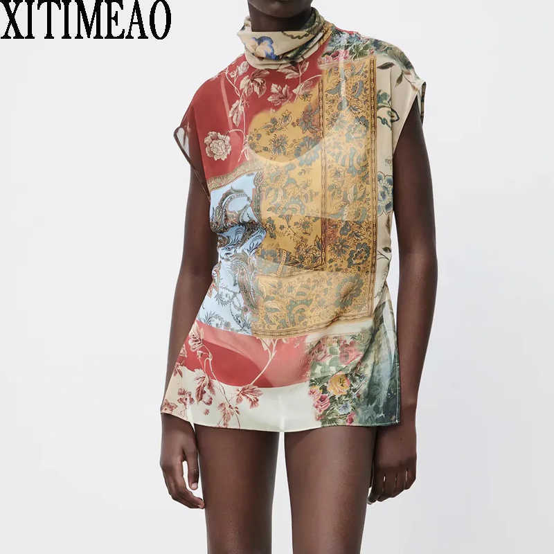 

ZA Women Fashion Floral Print Cropped Blouses Summer Vintage High Collar Sleeveless Female Perspective Shirt XITIMEAO 210602, As picture