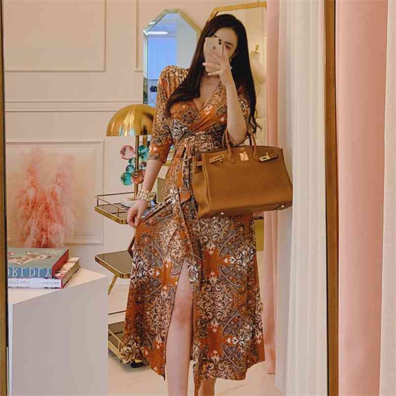 

Retro Ladies Long Dress summer vintage elegant print Short Sleeve V neck polyester sundress Sexy ladies Bohemia 210602, Graph coloring