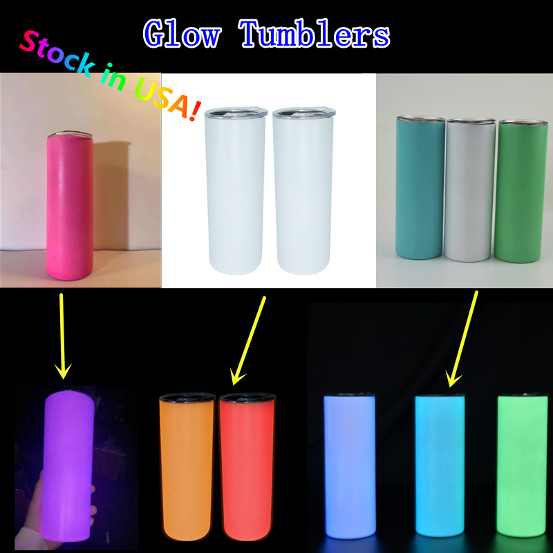 

USA STOCKS Glow Tumblers Sublimation 20oz Straight Skinny Tumbler with Straw Lid Stainless Steel Double Wall DIY Blanks Slim Water Bottles Coffee Mugs in the Dark