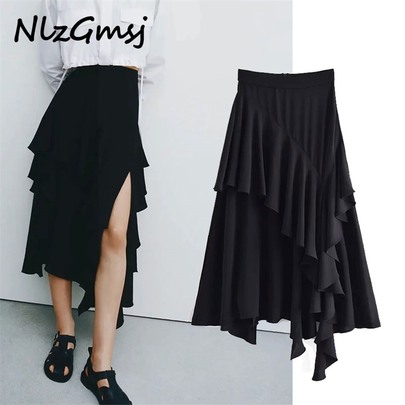 

Skirts Woman Fashion Ruffle High Waist Midi Women Asymmetric Hem Side Slit Summer 03 210628, As picture