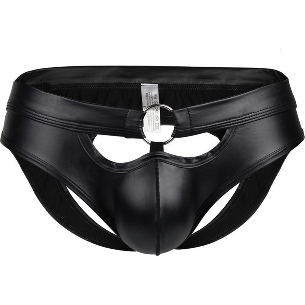 

Men Sexy Lingerie Panties Skimmed Leather Hollow Ring Shiny Elastic Patent Blue Underwear Hot Shorts #1, Black;white