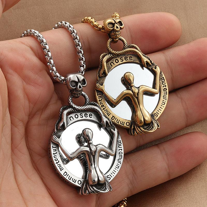 

Pendant Necklaces Punk Hip Hop Magic Mirror Stainless Steel Skull Necklace Men Women Fashion Silver Color/Gold Biker Jewelry Gift