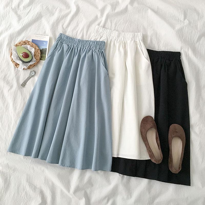 

Skirts Women's Summer Fresh Style Casual Fashion High Waist Elastic Solid Colors Midi Skirt Femme All Match Chic A-line Saia, Black