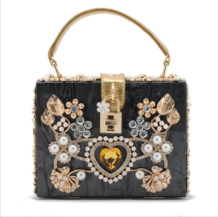 

Factory wholesale women bag high quality acrylic alloy carved handbags sweet and lovely diamond shoulder bags elegant temperament Pearl Beads handbag 7 colors, Beige(boutique box)