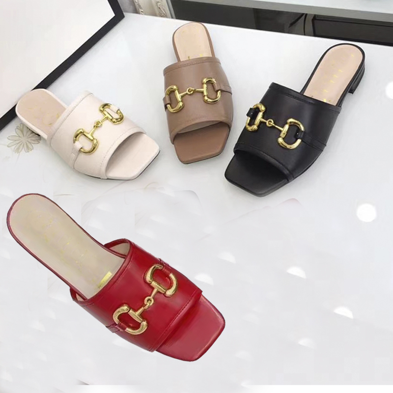 

Fashion metal buckle half slippers women's summer outer wear flat shoes 2021 new horseshoe leather versatile fish mouth open toe sandals, Box