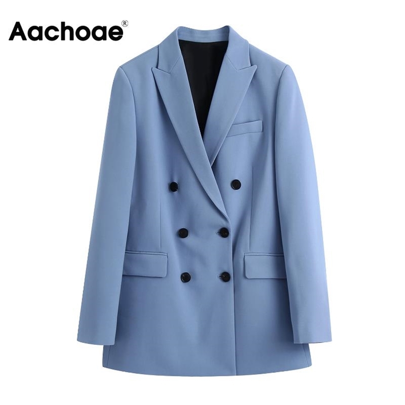 

Aachoae Women Elegant Double Breasted Blazer Suits Vintage Notched Collar Long Sleeve Blazers Fashion Office Wear Outerwears 211019, Blue