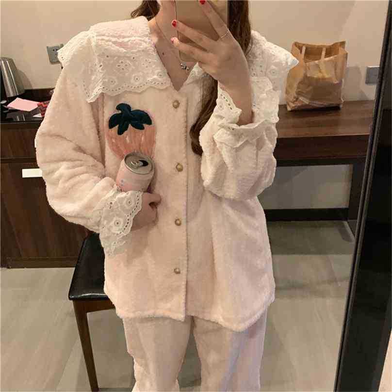 

Arrival Loose Casual All Match Strawberries Sweet Elegance Thick Warm Cute Nightwear Gentle Chic Pajamas Sets 210525, Apricot