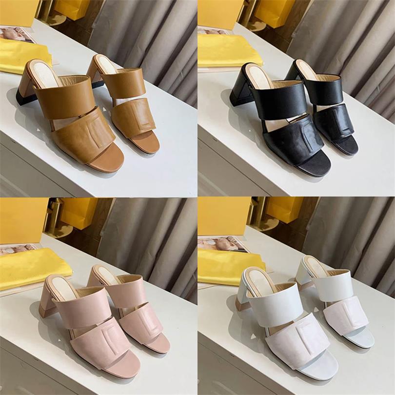 

2021 Leather Slides Women Wide Double Band High Heels Embossed Lettering Mule Sandals 65mm Ladies Summer Chunky Heels with box 272, Color 3