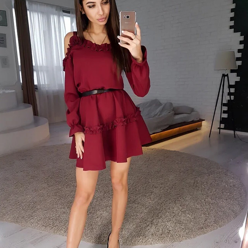 

2021 Women Sexy Off the Shoulder Ruffled A-line Spaghetti Strap v Neck Solid Elegant Casual Party Autumn New X59m, Pink