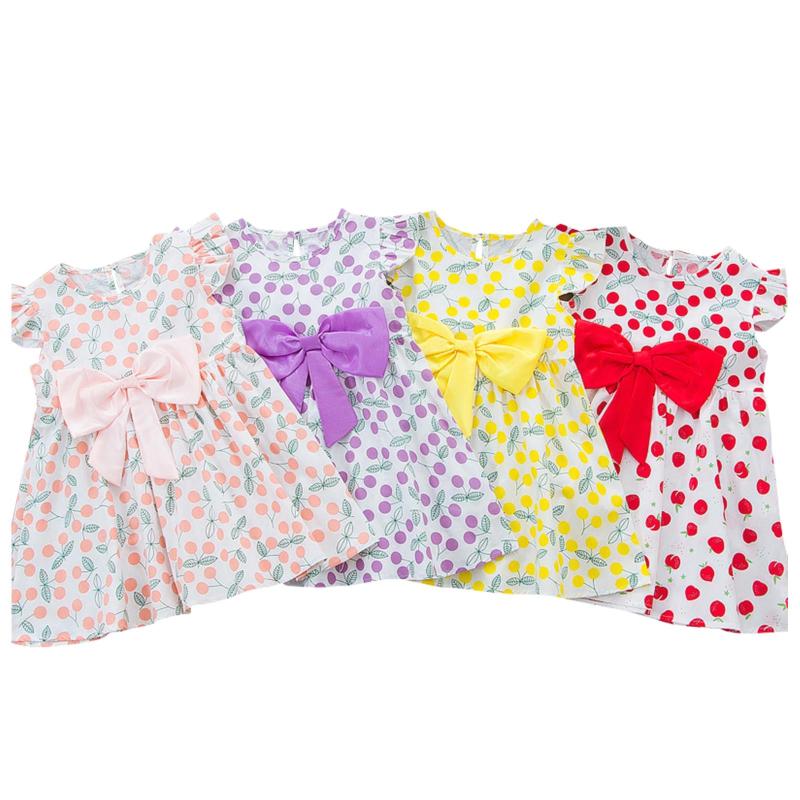 

Summer New Styles Multi-Style Korean Toddler Kids Girls Casual Short-Sleeved Bow Cherry Print Pattern Dress Party Princess Dress
