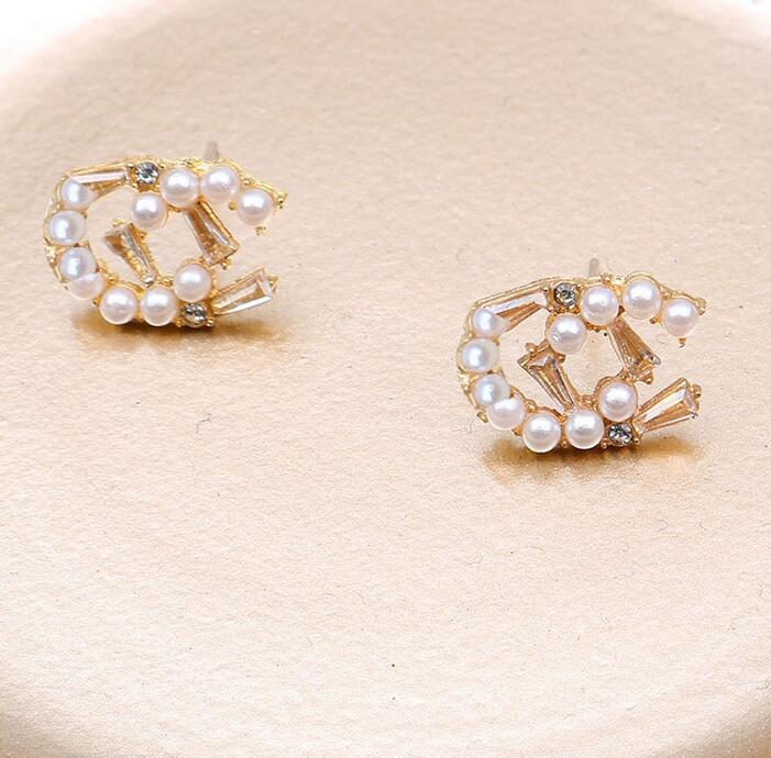 

20colors 18k gold plated brand designers letters stud earrings brand charm women silver crystal rhinestone pearl earring for wedding party j, Golden;silver