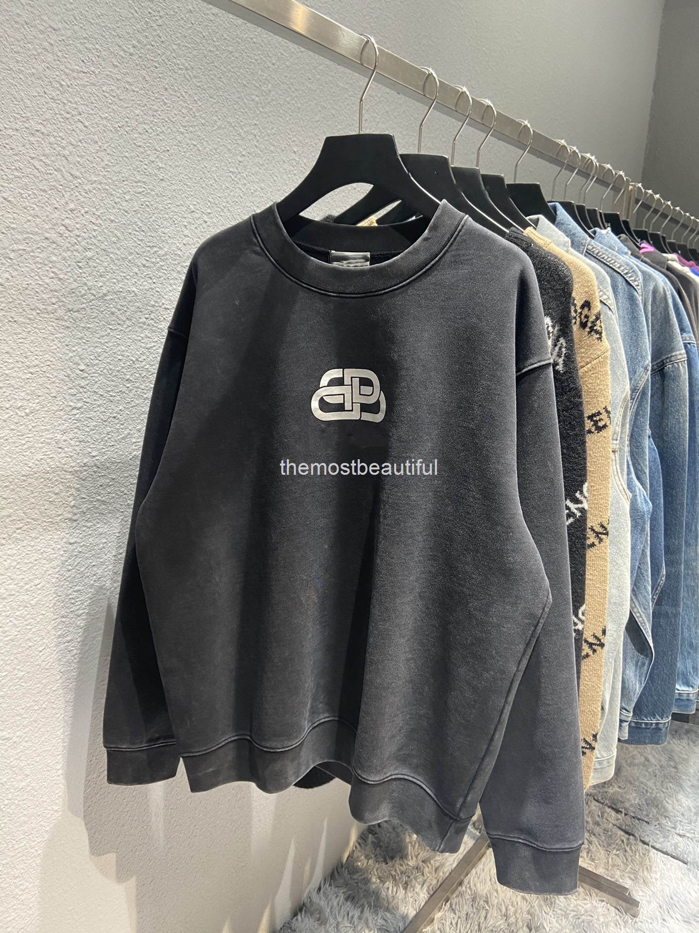 

Women's Hoodies & Sweatshirts Autumn and winter high version b family lock label printing Pullover round neck Terry loose men's women's same style sweater, 2# packing bag