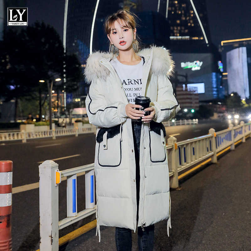 

LY VAREY LIN Winter Women Cotton Coats With Big Artificial Fur Collar Lamb Wool Patchwork Pocket Loose Thicken Hooded Parka 210526, Creamy-white
