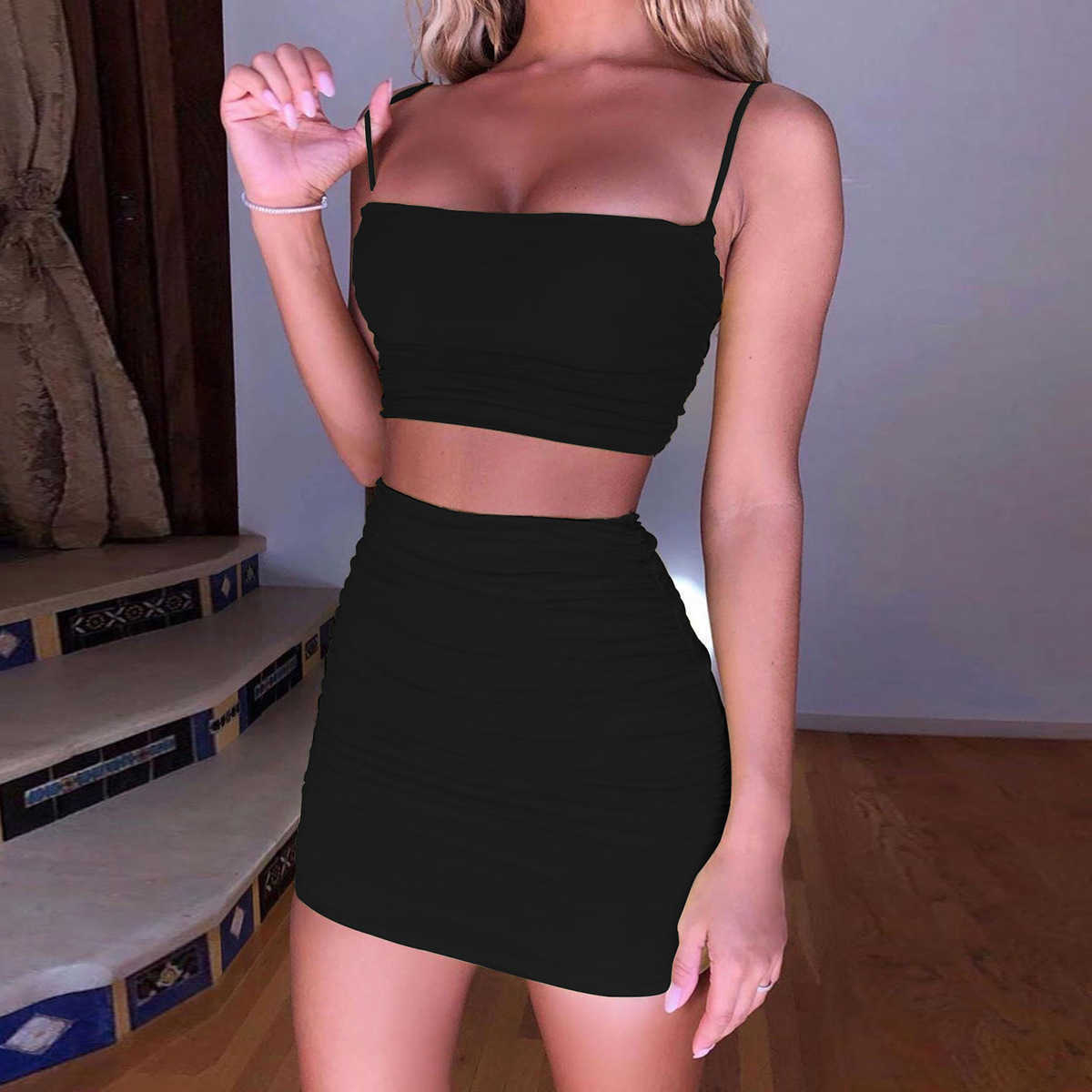 

Women Two Piece Set Summer Sexy Spaghetti Strap Vest Backless Crop Tops Pleated Wrap Club Party Bodycon Mini Skirts Lady Outfits 210526, Khaki