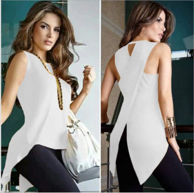 

New Women summer Casual Solid Shirt Back Cross Swallowtail Hem Asymmetrical Tank Tops women clothes short dress, White