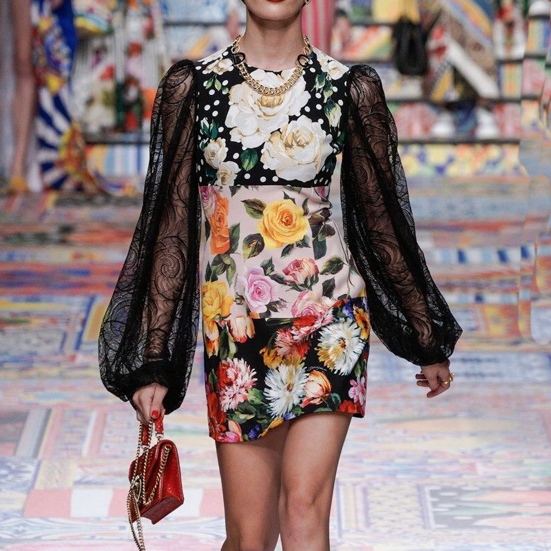 

2021 Long Sleeve O Neck Fashion Print Milan Runway Dress Designer Dress Brand Same Style Dress 0301-9, Picture color