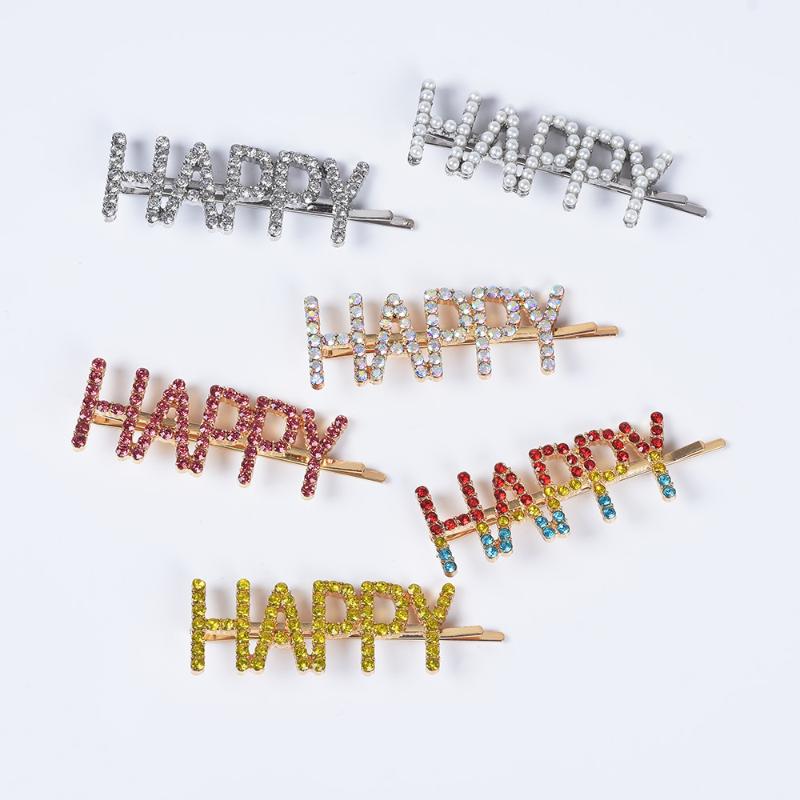 

Hair Clips & Barrettes Bridal Wedding Rhinestone Jewelry Letter "HAPPY" Pins Pearl Sticks For Girls Gift Party, Golden;silver