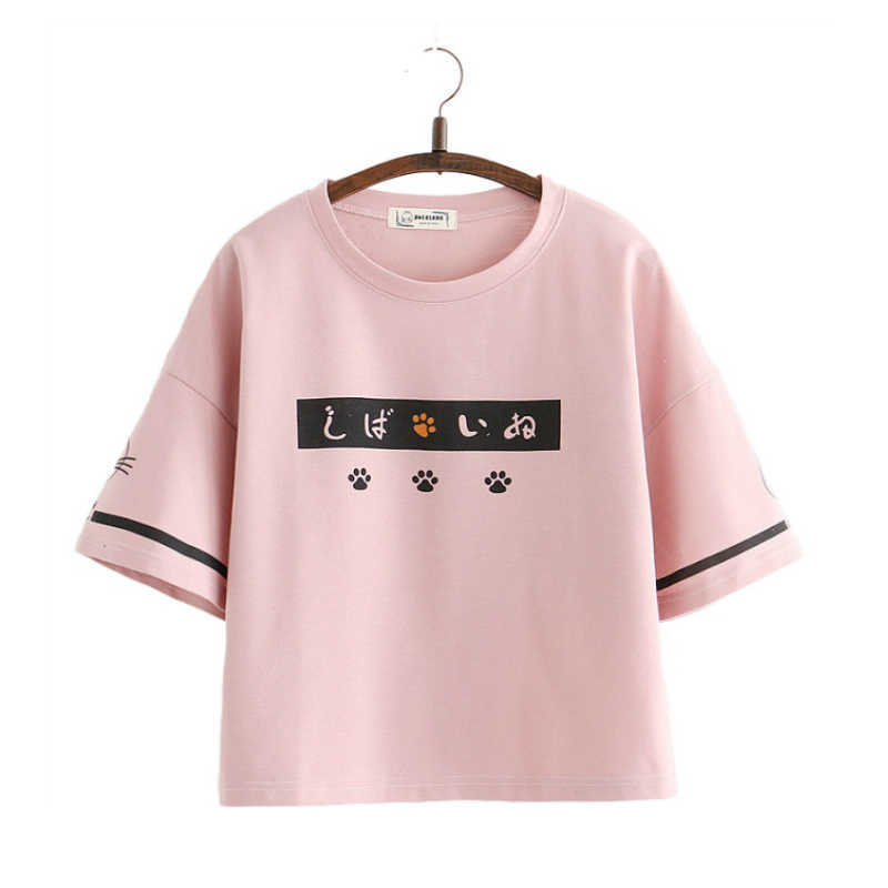 

MERRY PRETY Women Cartoon Print Pink Cotton Shirts Spring Short Sleeve O-Neck Shirt Harajuku Style Femme Cute ops tee 210526, White