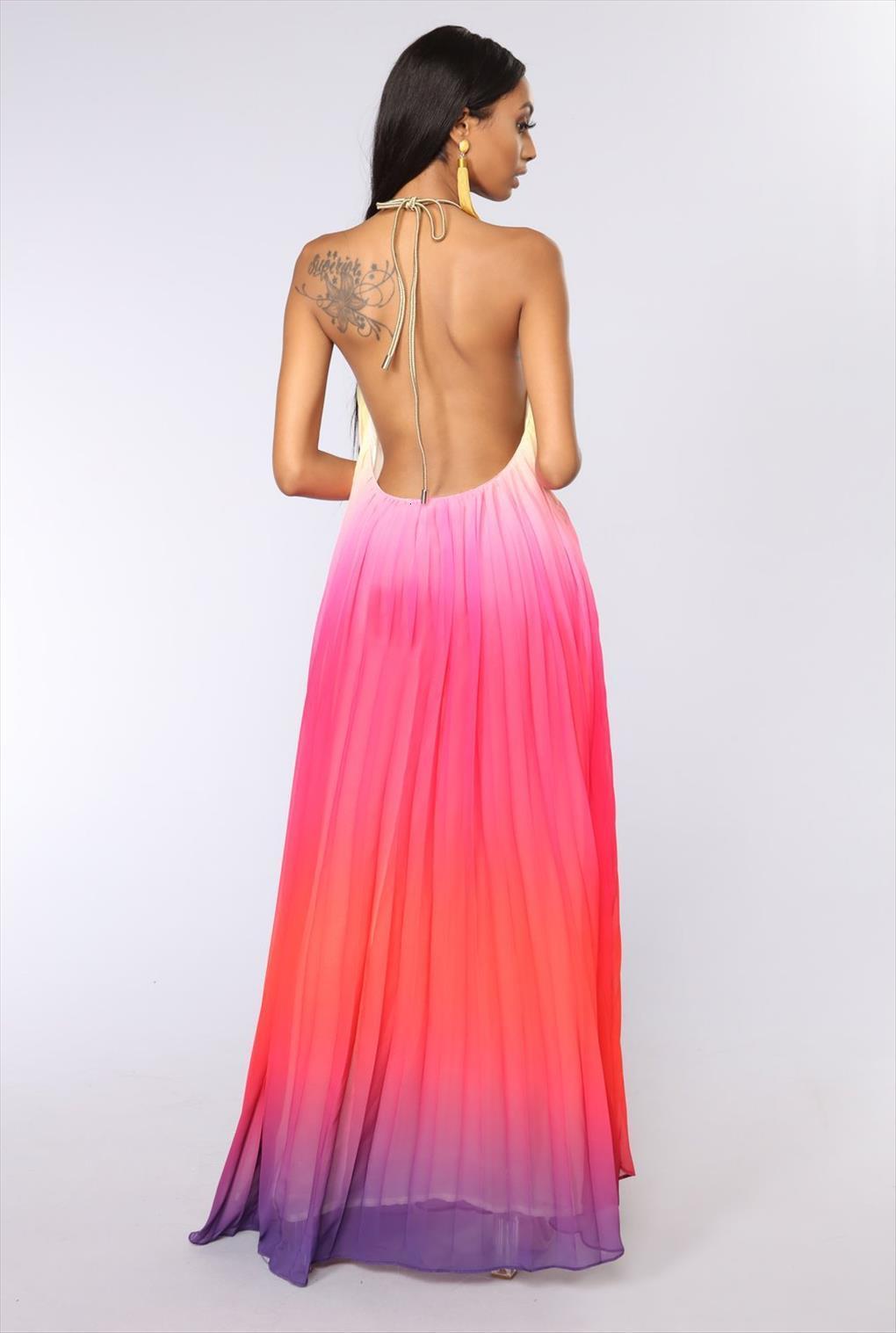 

elegant party chiffon rainbow womens dresses floral print maxi backless halter long summer vestidos boho beach robe, Black;gray
