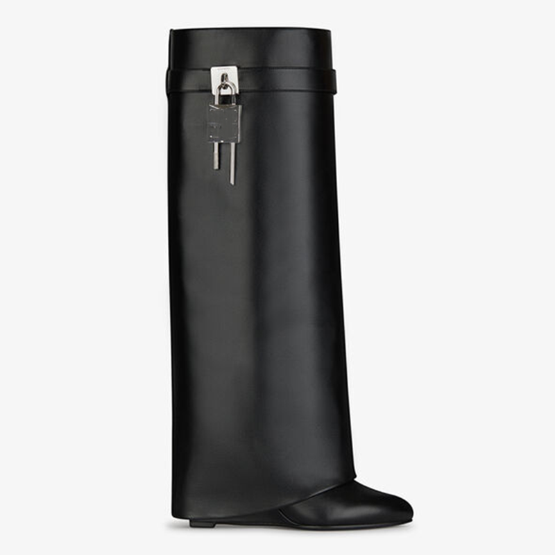 

Boots 2021 Lock Women Wedge Black Fold Knee High Female Pointed Toe Genuine Leather Long Botas Mujer
