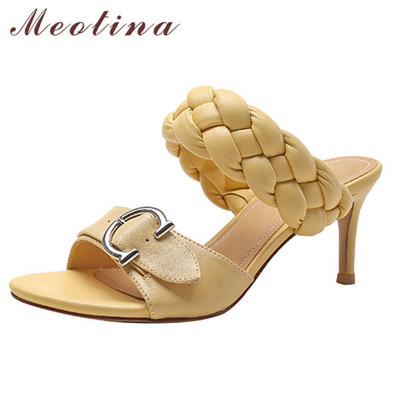 

Meotina Women Slippers Shoes High Heel Sandals Metal Decoration Thin Heel Slides Round Toe Ladies Footwear Summer Yellow 210608, Beige