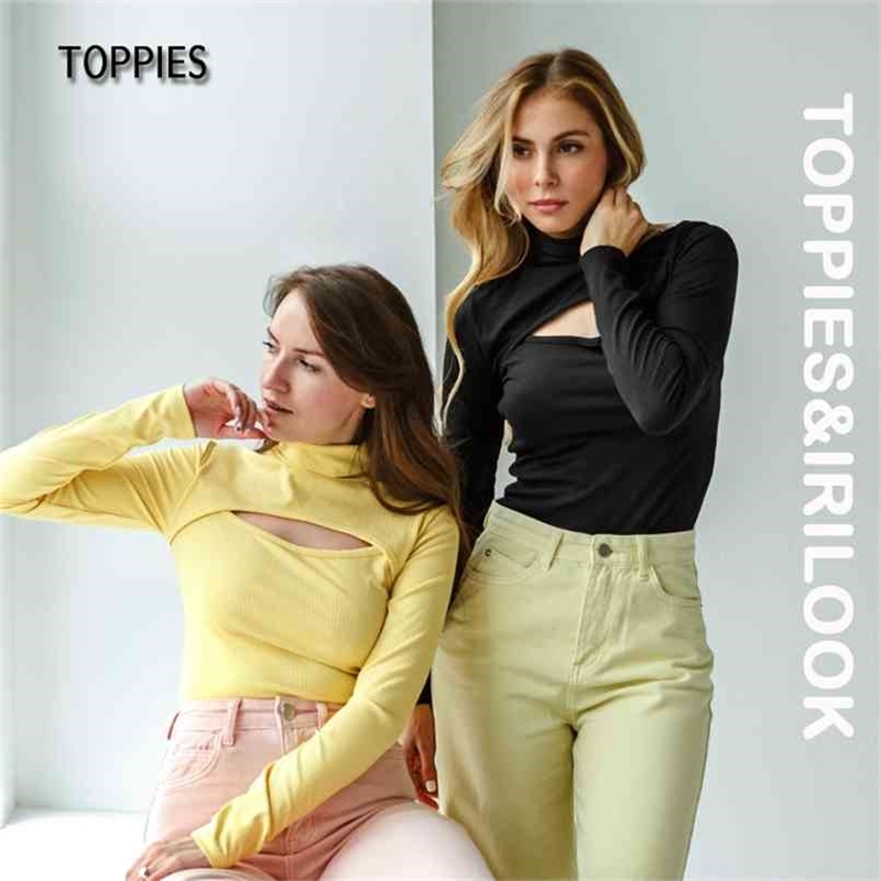 

Toppies Spring Hollow Out T-shirts Woman Slim Knitted Turtleneck Tops Tee Long Sleeve Sexy Ladies Clothing 210708, Rose