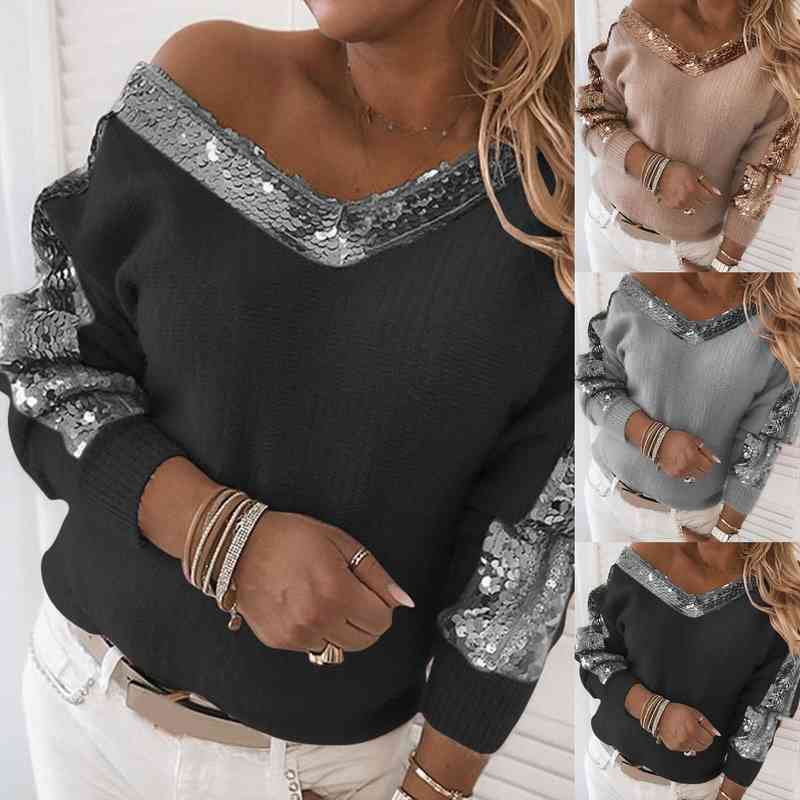 

Autumn Winter Women Sexy V Neck Long Sleeve Sweater Sequins One Shoulder Womens Clothing Pull Femme, White;black