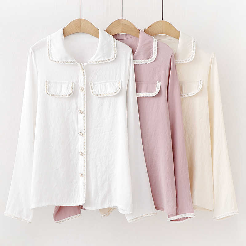 

Long Sleeve Women Blouse Turn-Down Collar Corduroy Shirt Solid casual office Button Loose Female Blouses Tops 210604, White