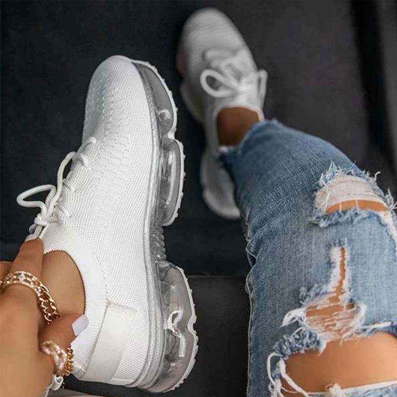 

2021 Women Flats Lace Up Mesh Sneakers Knitted New Fashion Casual Vulcanized Shoes Comfort Footwear Plus Size I2td NV41, White