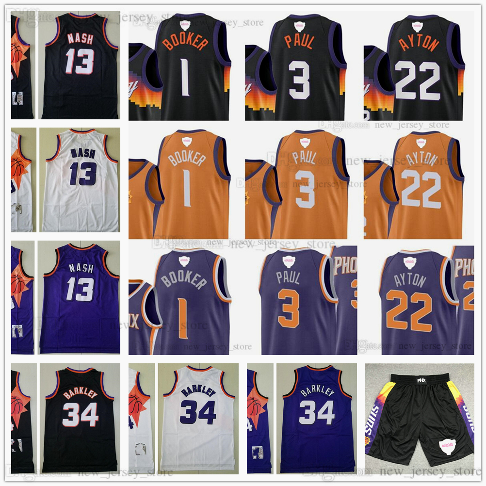 

2021 Finals Patch 3 Chris 1 Devin Paul Booker Basketball Jerseys Stitched Retro 22 Deandre 34 Charles Ayton Barkley Steve 13 Nash Purple Black White Shirt Jersey, Same as picture