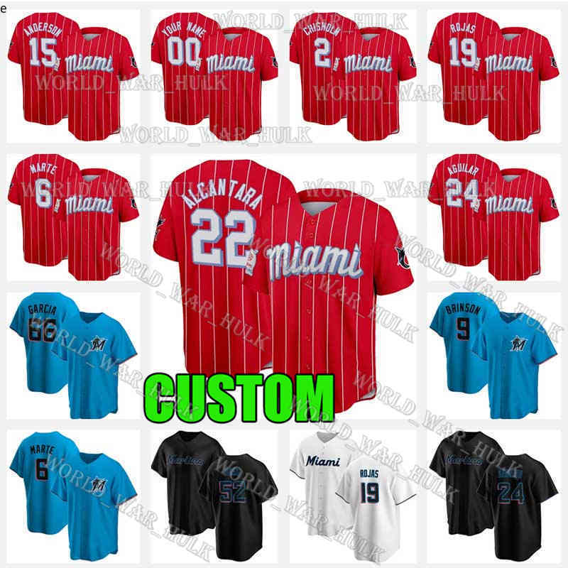 

Sandy Alcantara Jersey 2021 City Connect Marlins Jesus Aguilar Brian Anderson Starling Marte Miguel Rojas Jorge Alfaro Wallach Chisholm Garr, Blue;black