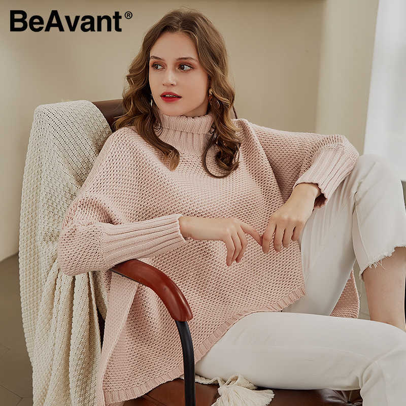 

BeAvant Casual turtleneck women sweater Bat sleeve loose asymmetrical knitted sweater High street style ladies pullover jumper 210709, Pink