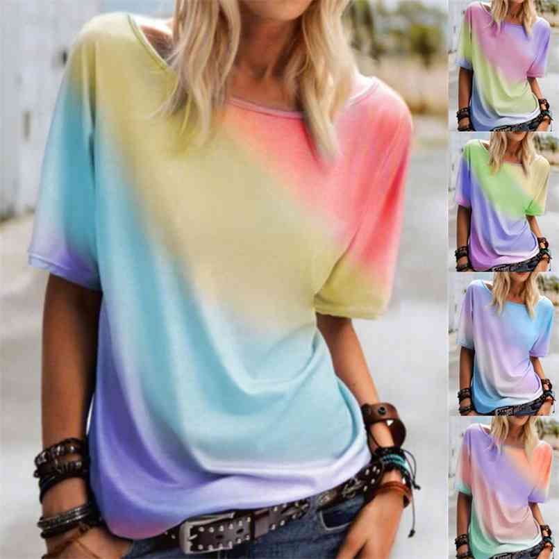 

Women' Fashion Plus Size Clothing Summer Short Sleeved Round Neck Rainbow Printed T Shirt Loose Casual Top Women 210708, Sky blue