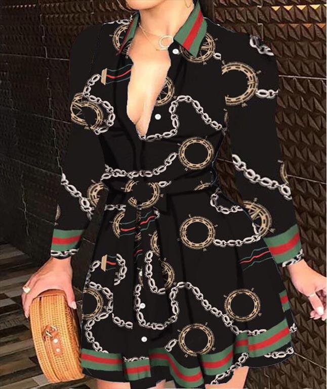 

Elegant Chain Letter Print Shirt Women Dresses Mini Party Vestidos Summer V Neck Bandage Button Vintage Long Sleeve, Black;gray