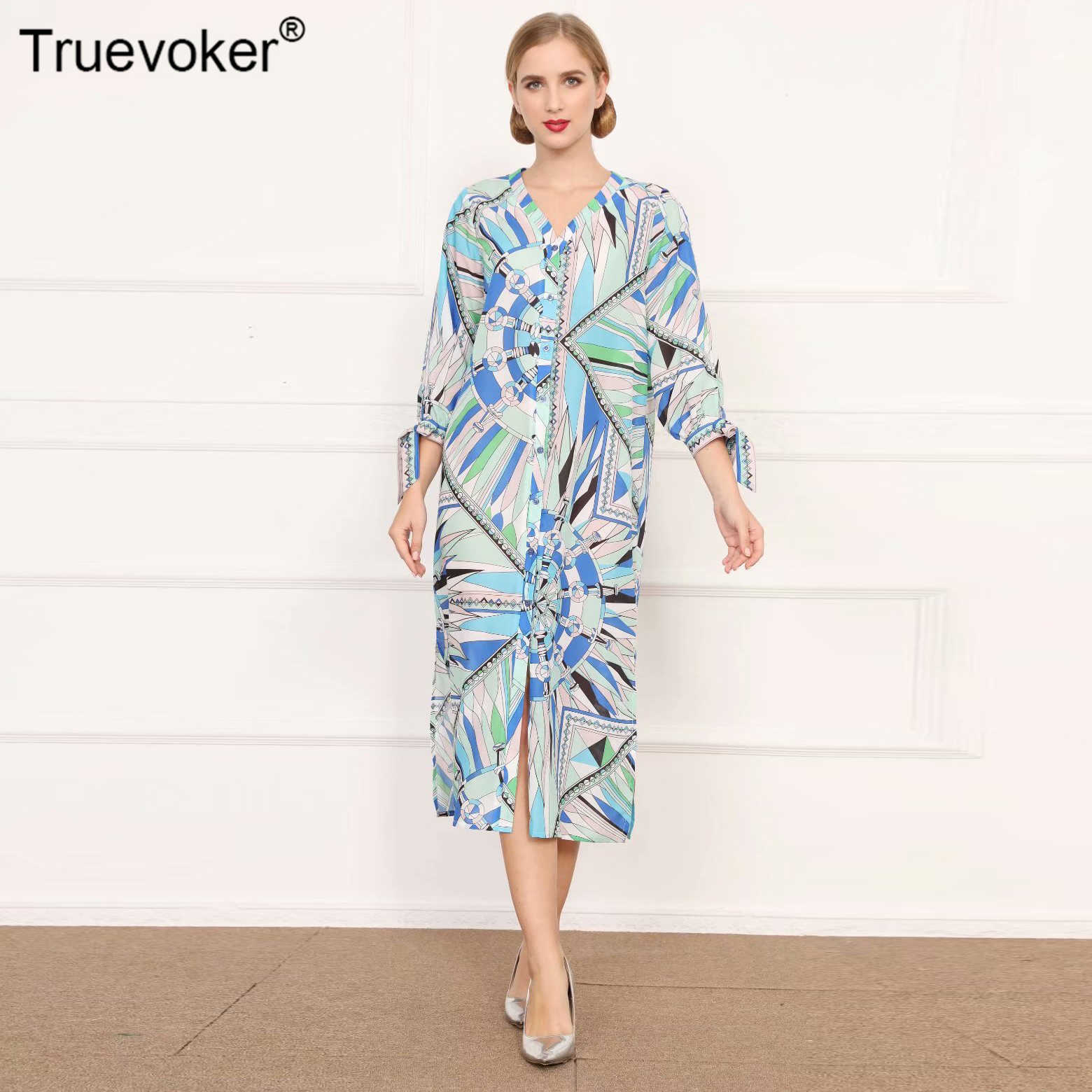 

Truevoker Ladies Runway Fashion Party Dres's 3/4 Sleeves Abstract Print Resort Loose Straight Vestidos 210602, Sky blue
