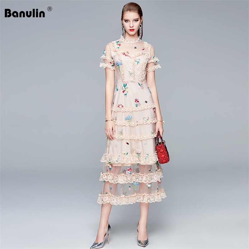 

Banulin Boho Summer Fashion Designer Dress Women Flowers Embroidery Lace Mesh Elegant Holiday Party Ladies Long Dresses 210603, Apricot